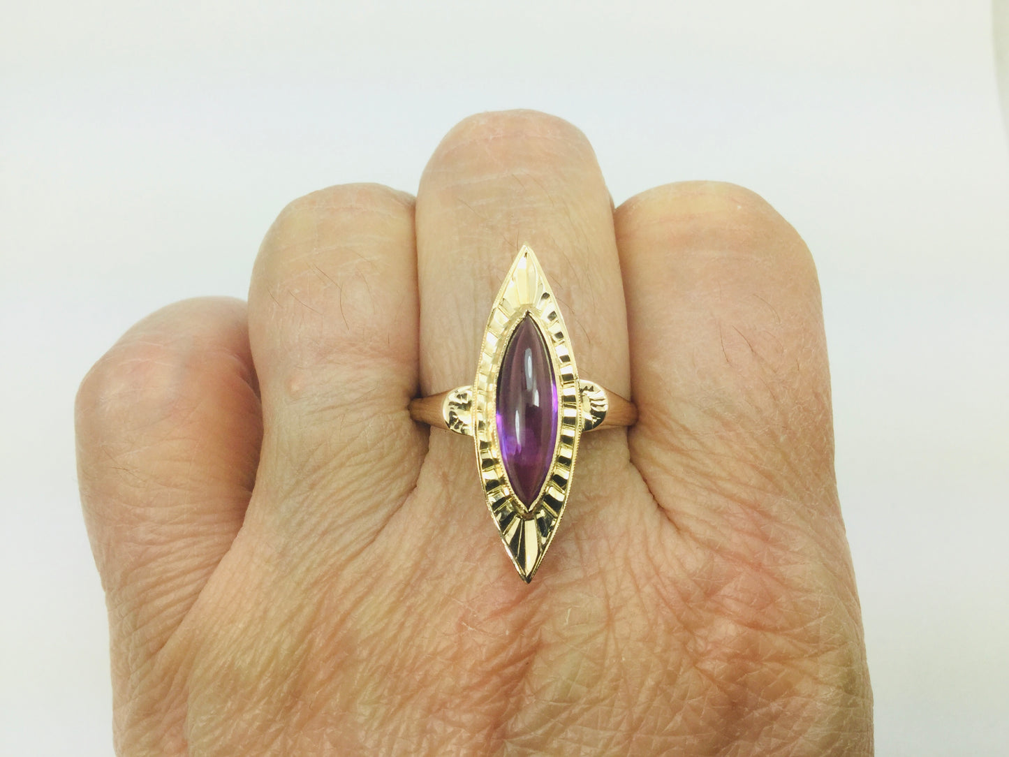 18k Yellow Gold Marquise Cut Cabochon Amethyst February Birthstone Ring