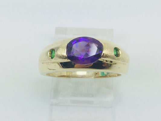 14k Yellow Gold Oval Cut Amethyst February Birthstone & Emerald Ring