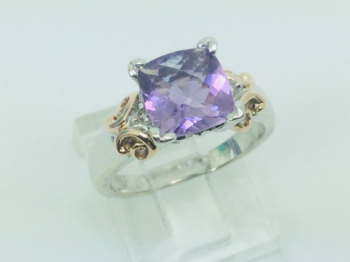 14k White Gold Cushion Cut Amethyst February Birthstone & Diamond Ring