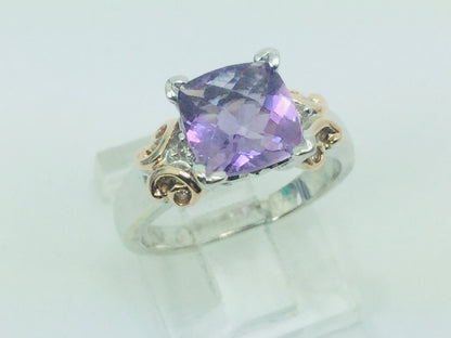 14k White Gold Cushion Cut Amethyst February Birthstone & Diamond Ring