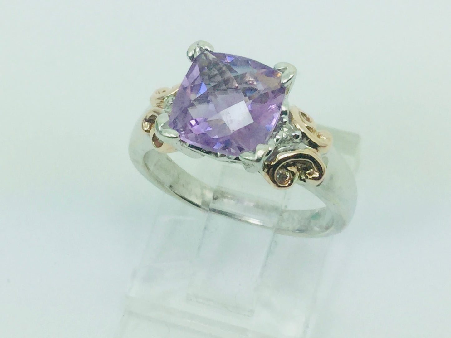 14k White Gold Cushion Cut Amethyst February Birthstone & Diamond Ring