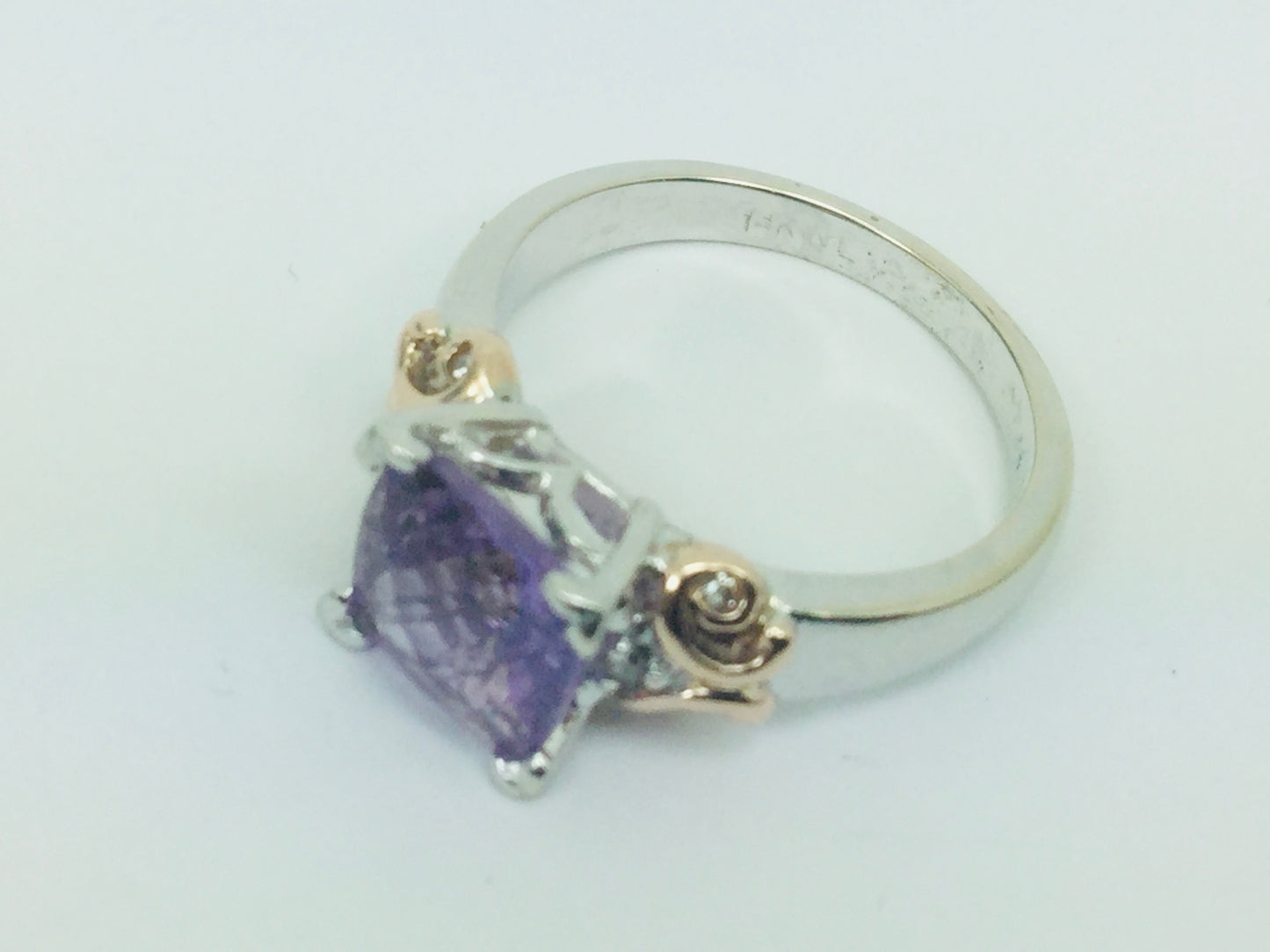 14k White Gold Cushion Cut Amethyst February Birthstone & Diamond Ring