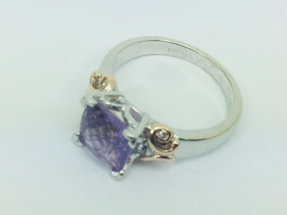 14k White Gold Cushion Cut Amethyst February Birthstone & Diamond Ring