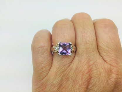 14k White Gold Cushion Cut Amethyst February Birthstone & Diamond Ring
