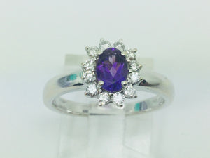 18k White Gold Oval Cut Amethyst February Birthstone & Diamond Ring