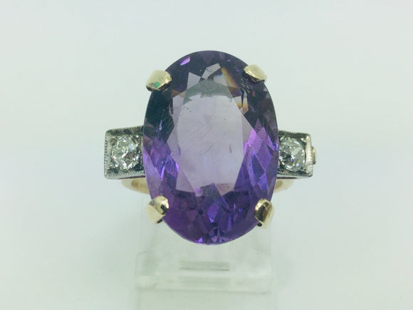 10k Yellow Gold Oval Cut Genuine Amethyst February Birthstone & Diamond Ring