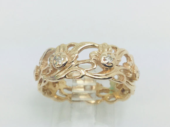 14k Yellow Gold Round Cut 7pt Diamond Flower Band Ring
