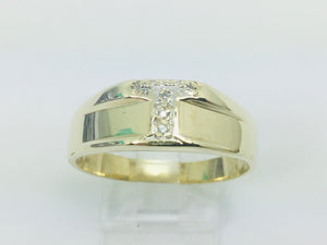 10k Yellow Gold Round Cut 5pt Diamond Letter 'T' Initial Ring