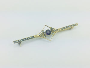 14k Yellow Gold Amethyst and Seed Pearl Vintage Brooch Pin
