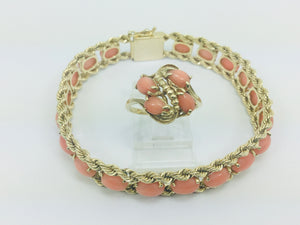 10k Yellow Gold Pear Cut Coral Ring and 14k Oval Cut Coral Bracelet Set