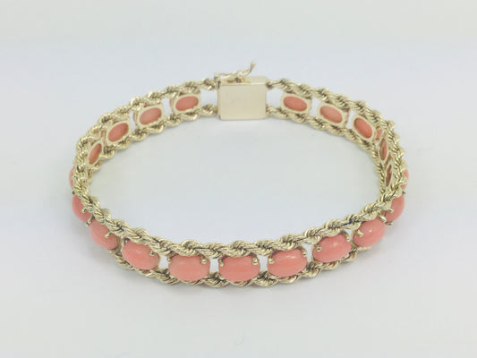14k Yellow Gold Oval Cut Cabochon Coral Bracelet