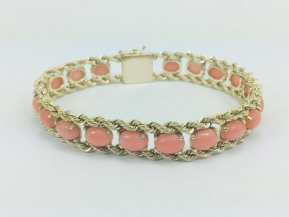 14k Yellow Gold Oval Cut Cabochon Coral Bracelet