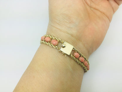 14k Yellow Gold Oval Cut Cabochon Coral Bracelet