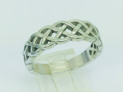 14k White Gold 6.8mm Custom Celtic Pattern Band Ring