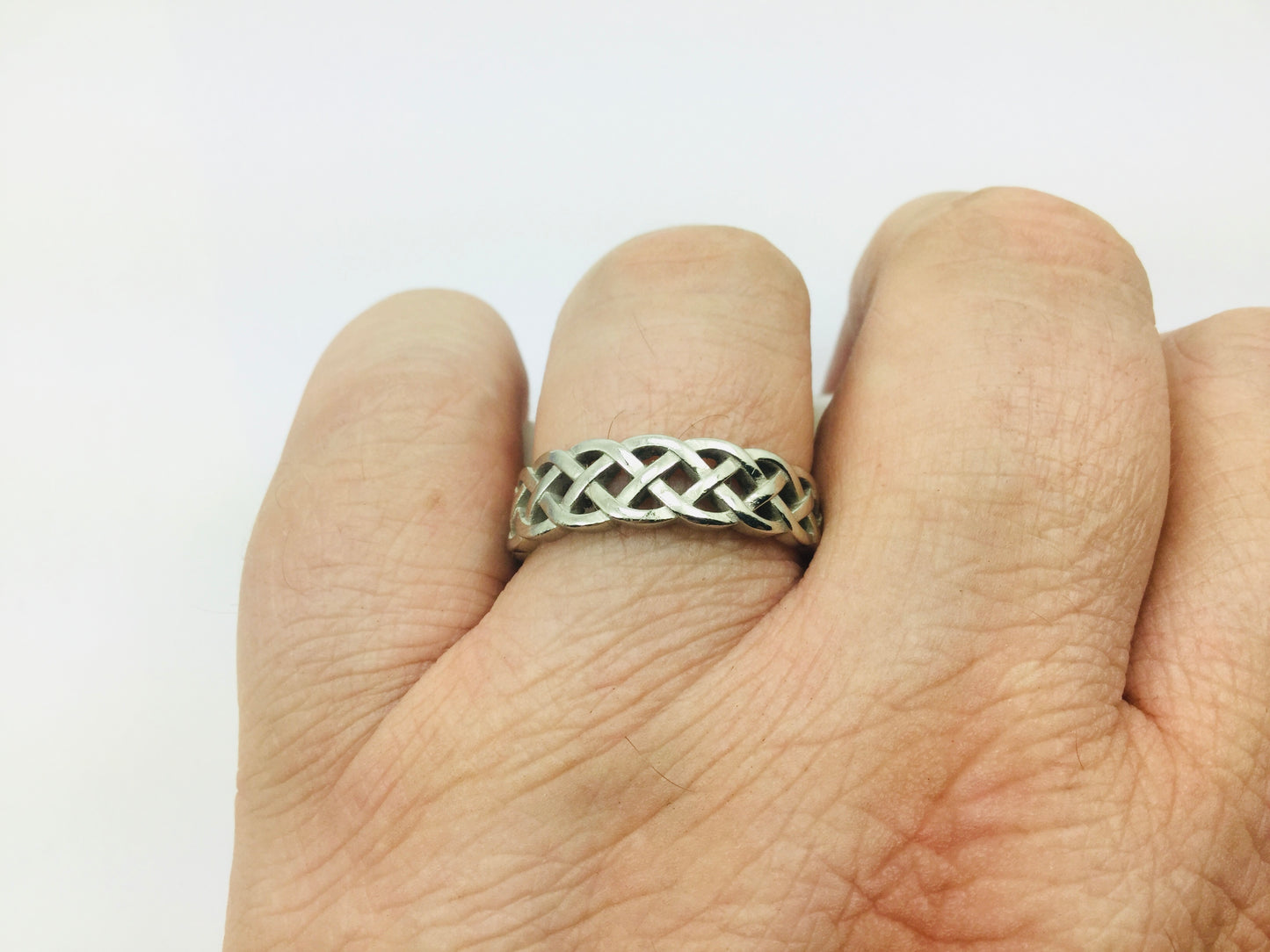 14k White Gold 6.8mm Custom Celtic Pattern Band Ring