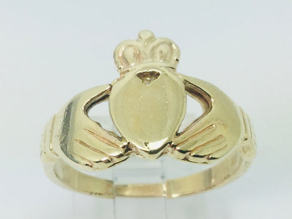 10k Yellow Gold Irish Claddagh Heart, Crown and Hands Ring