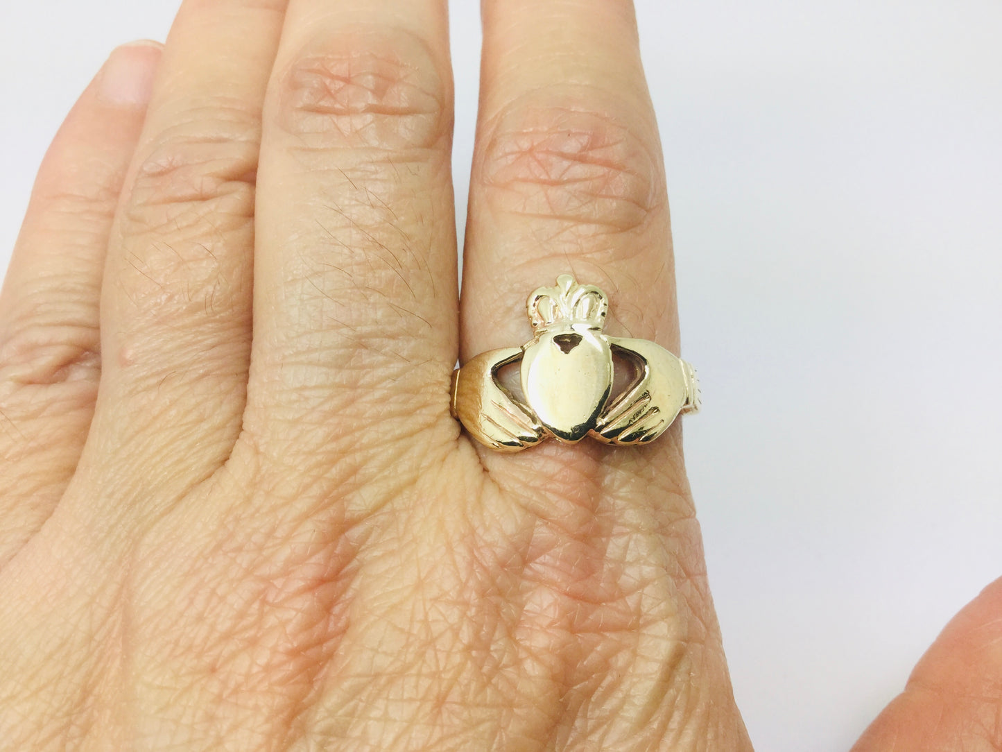 10k Yellow Gold Irish Claddagh Heart, Crown and Hands Ring