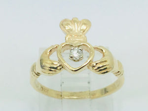 10k Yellow Gold Round Cut 5pt Diamond Irish Claddagh Heart, Crown and Hands Ring