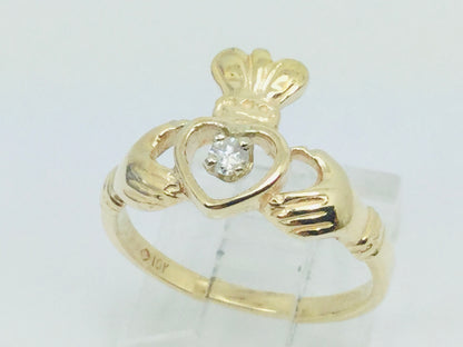 10k Yellow Gold Round Cut 5pt Diamond Irish Claddagh Heart, Crown and Hands Ring