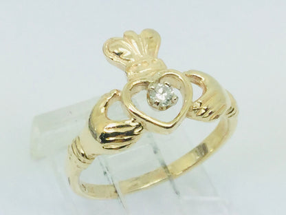 10k Yellow Gold Round Cut 5pt Diamond Irish Claddagh Heart, Crown and Hands Ring