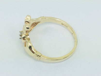 10k Yellow Gold Round Cut 5pt Diamond Irish Claddagh Heart, Crown and Hands Ring
