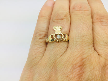 10k Yellow Gold Round Cut 5pt Diamond Irish Claddagh Heart, Crown and Hands Ring
