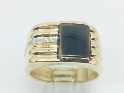 10k Yellow Gold Rectangular Cut Black Onyx and 3pt Diamond Ring