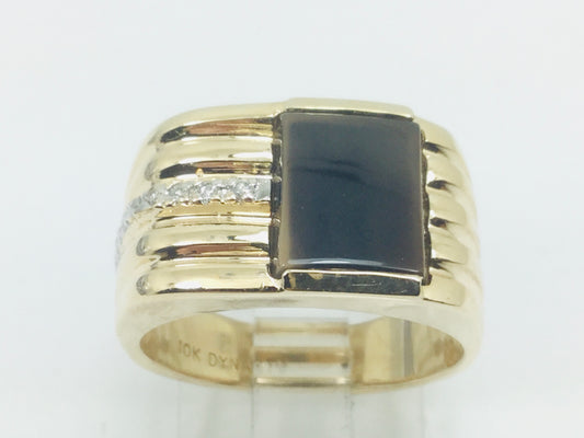 10k Yellow Gold Rectangular Cut Black Onyx and 3pt Diamond Ring