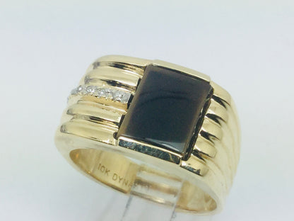 10k Yellow Gold Rectangular Cut Black Onyx and 3pt Diamond Ring