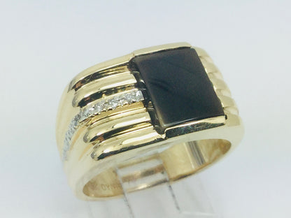 10k Yellow Gold Rectangular Cut Black Onyx and 3pt Diamond Ring
