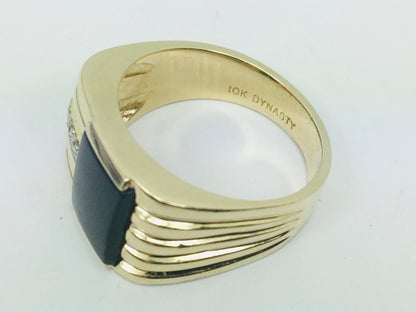 10k Yellow Gold Rectangular Cut Black Onyx and 3pt Diamond Ring