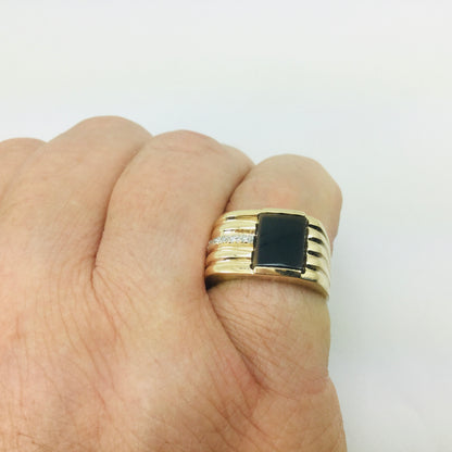 10k Yellow Gold Rectangular Cut Black Onyx and 3pt Diamond Ring