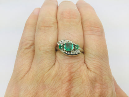 14k White Gold Princess and Round Cut 55pt Emerald May Birthstone & Diamond Ring
