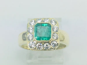 14k Yellow Gold Cushion Cut Emerald May Birthstone & Cubic Zirconia (CZ) Halo Ring