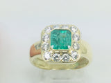 14k Yellow Gold Cushion Cut Emerald May Birthstone & Cubic Zirconia (CZ) Halo Ring