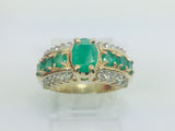 10k Yellow Gold Oval Cut Emerald May Birthstone & 12pt Diamond Row Set Ring