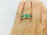 10k Yellow Gold Oval Cut Emerald May Birthstone & 12pt Diamond Row Set Ring