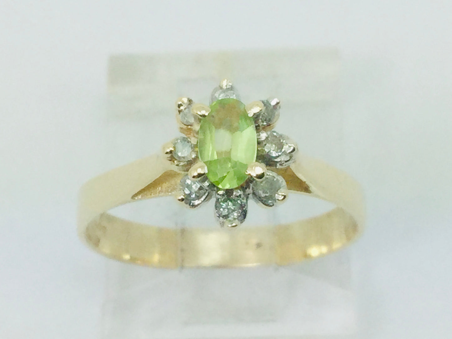 10k Yellow Gold Oval Cut 25pt Peridot August Birthstone & 8pt Diamond Halo Ring