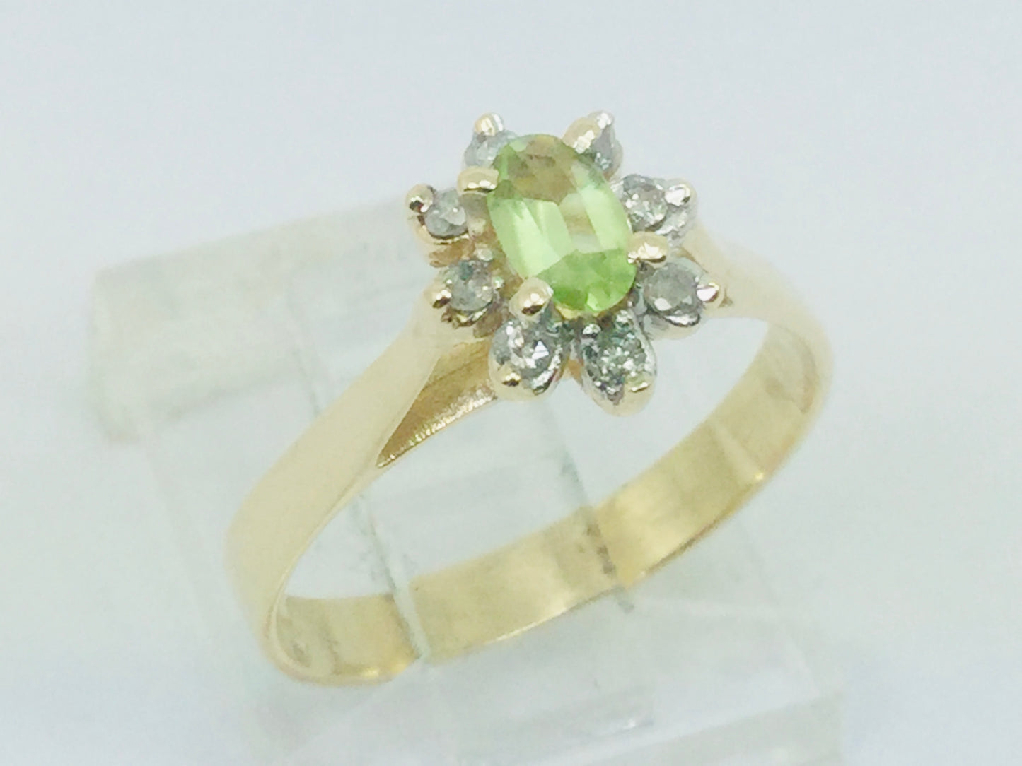 10k Yellow Gold Oval Cut 25pt Peridot August Birthstone & 8pt Diamond Halo Ring