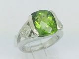 14k White Gold Cushion Cut 5ct Peridot August Birthstone & 9pt Diamond Accent Ring