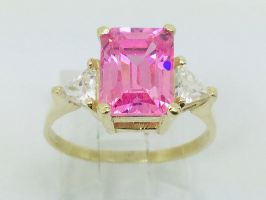 10k Yellow Gold Emerald Cut Pink October Birthstone & Cubic Zirconia (CZ) Ring