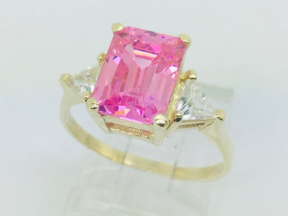 10k Yellow Gold Emerald Cut Pink October Birthstone & Cubic Zirconia (CZ) Ring