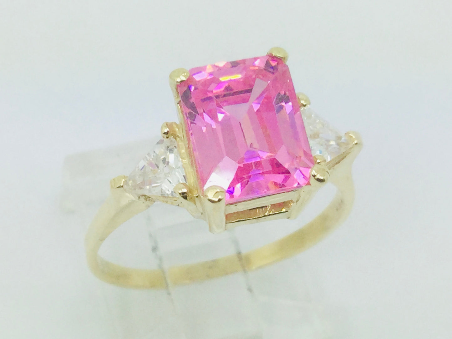 10k Yellow Gold Emerald Cut Pink October Birthstone & Cubic Zirconia (CZ) Ring