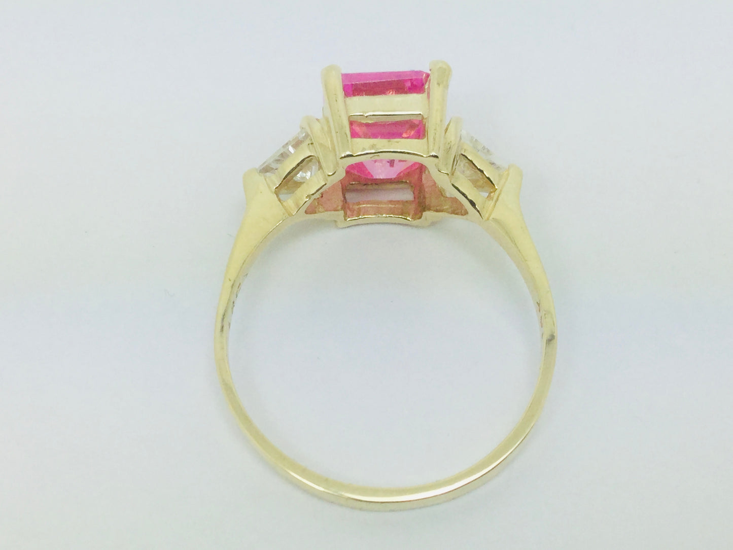 10k Yellow Gold Emerald Cut Pink October Birthstone & Cubic Zirconia (CZ) Ring