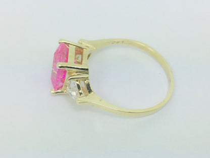 10k Yellow Gold Emerald Cut Pink October Birthstone & Cubic Zirconia (CZ) Ring