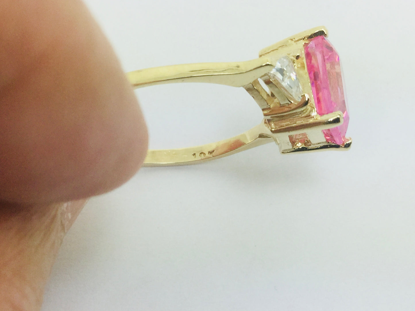 10k Yellow Gold Emerald Cut Pink October Birthstone & Cubic Zirconia (CZ) Ring