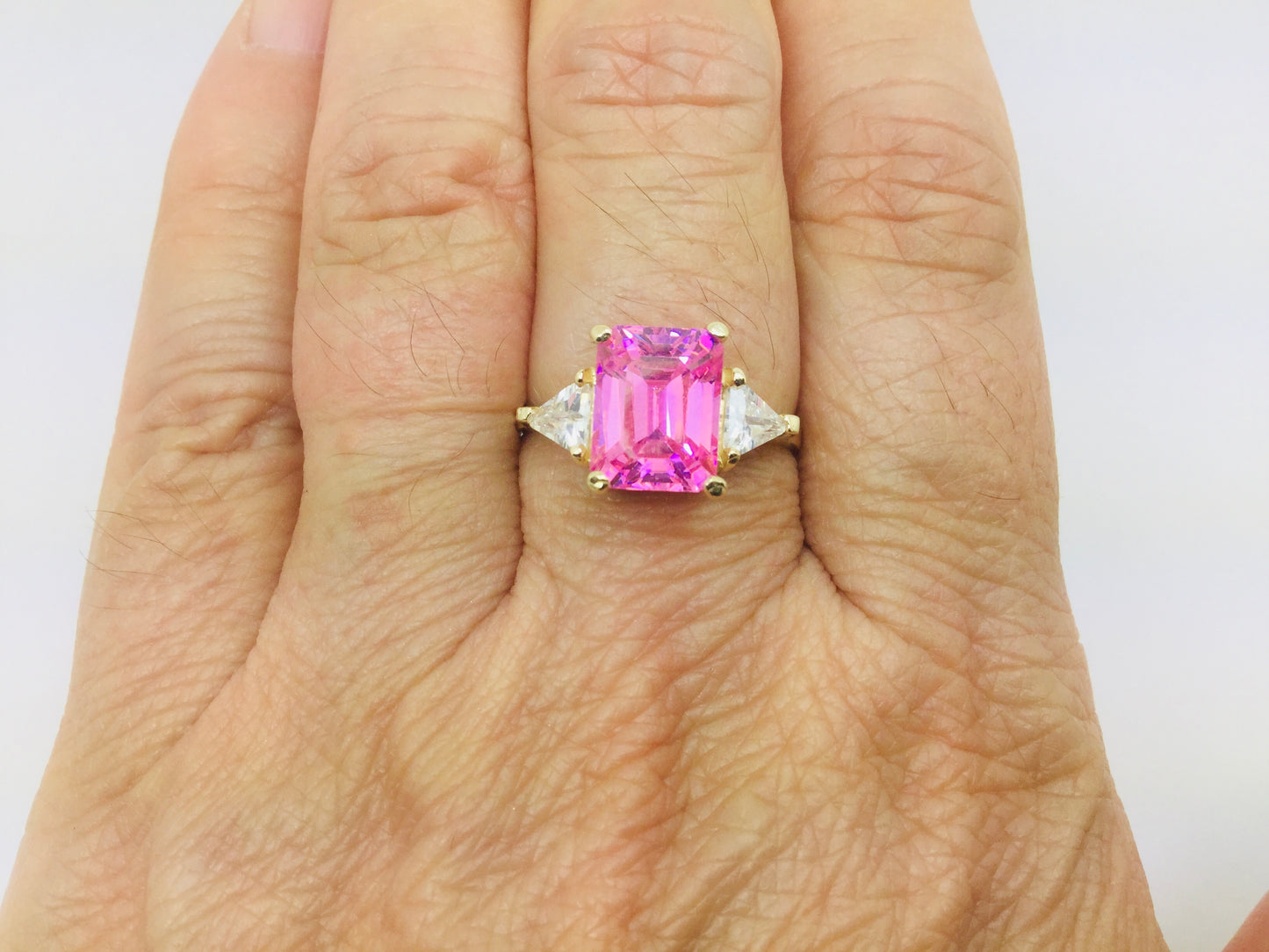 10k Yellow Gold Emerald Cut Pink October Birthstone & Cubic Zirconia (CZ) Ring