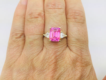 10k Yellow Gold Emerald Cut Pink October Birthstone & Cubic Zirconia (CZ) Ring