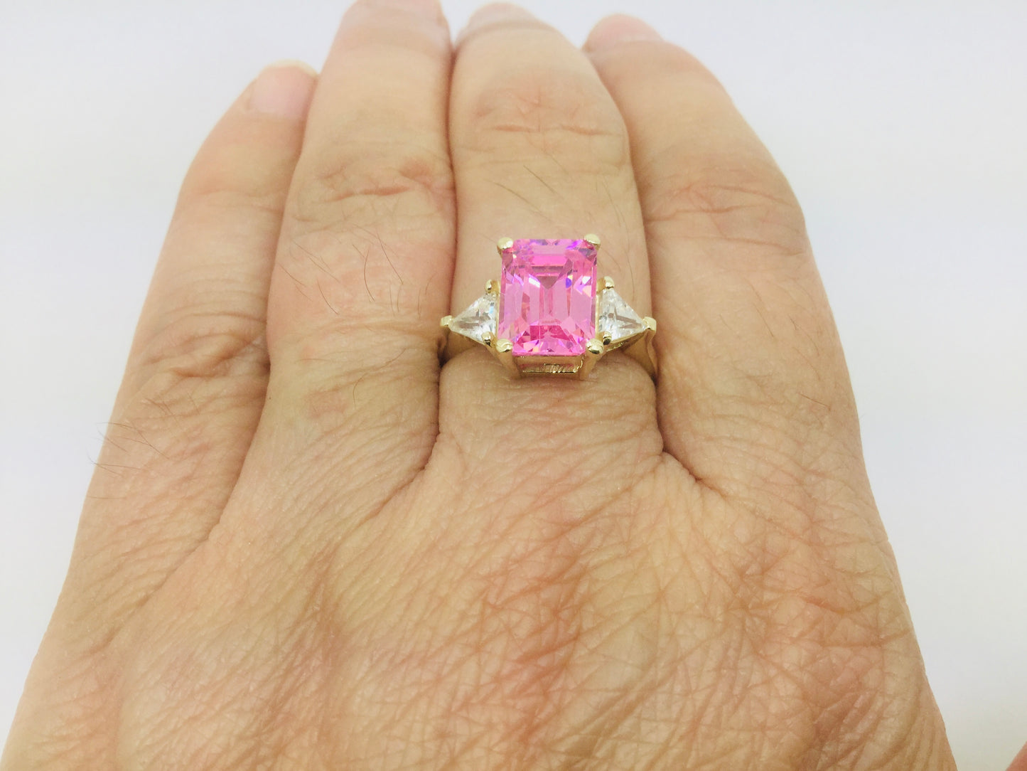 10k Yellow Gold Emerald Cut Pink October Birthstone & Cubic Zirconia (CZ) Ring
