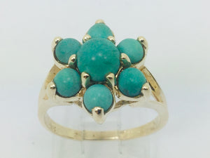 10k Yellow Gold Round Cut Cabochon Turquoise December Birthstone Floral Ring